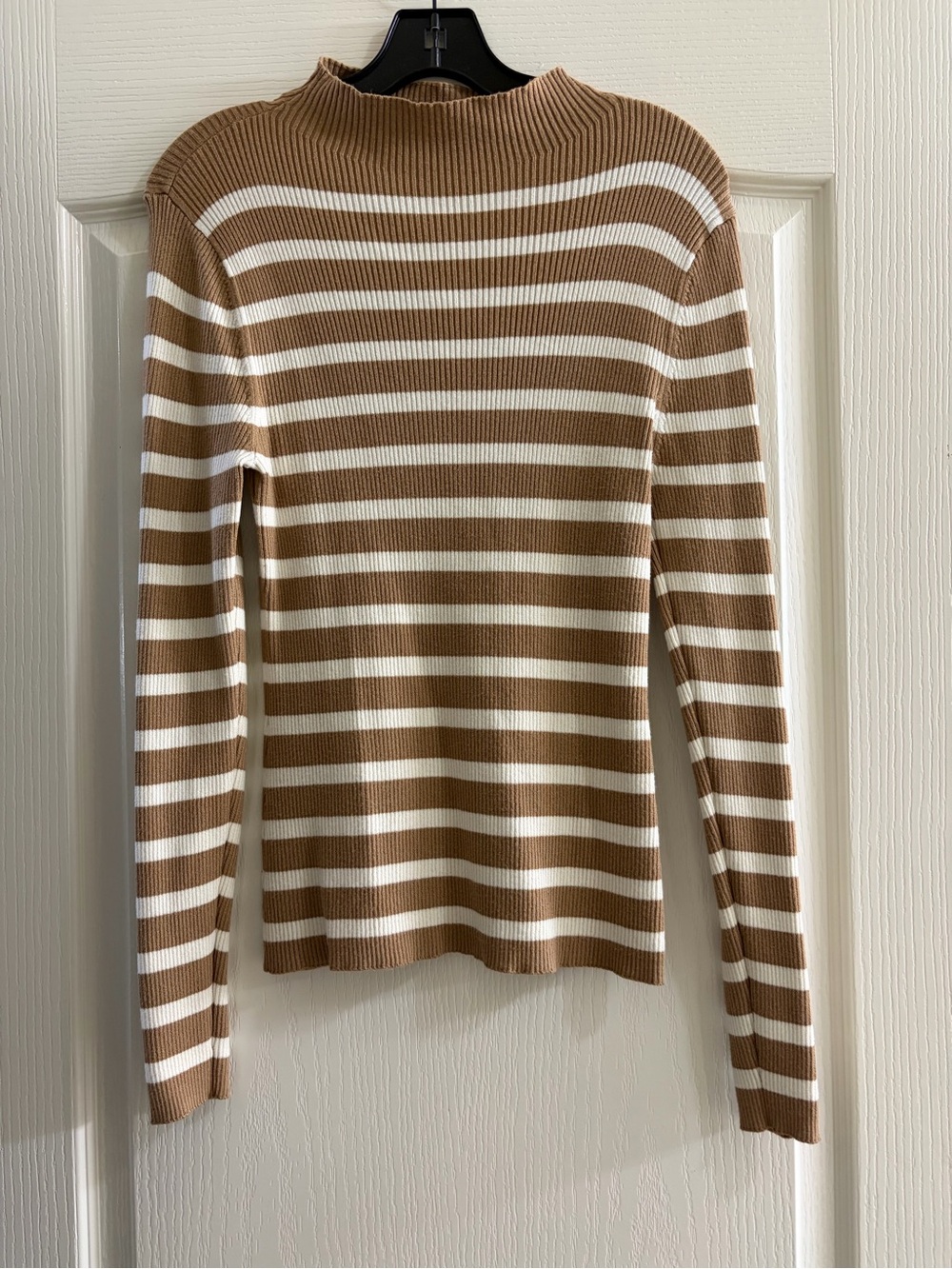 Cato Striped Ribbed Mock Neck Top in Brown and White